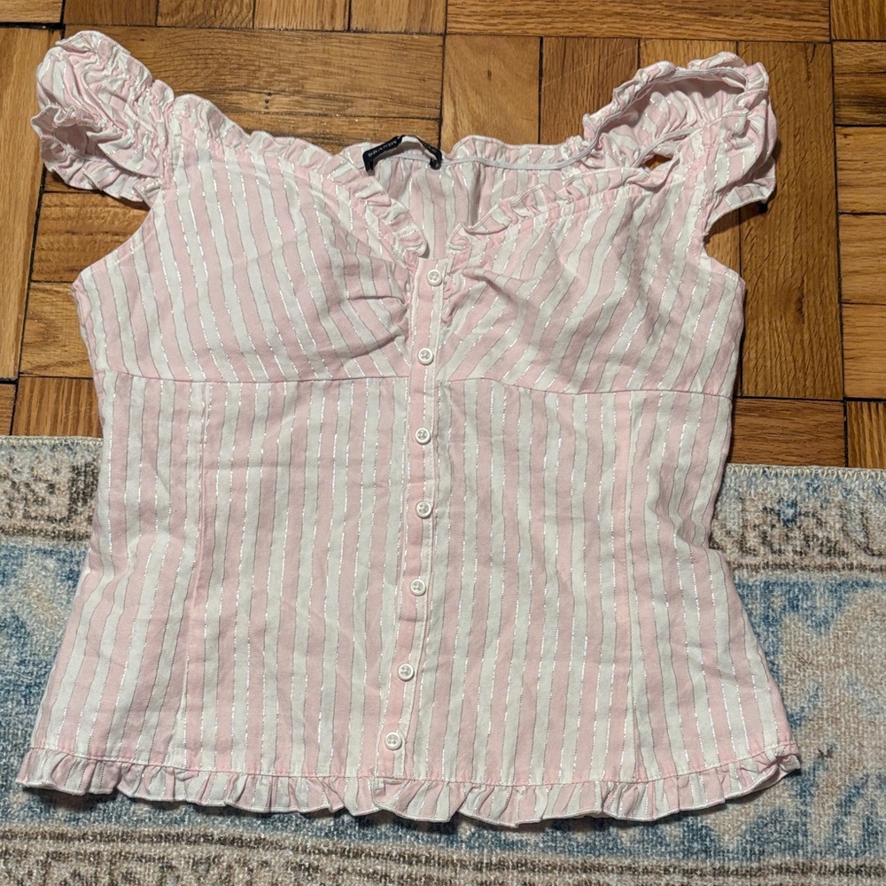 Brandy Melville Pink and White Striped Ruffle Button Top
